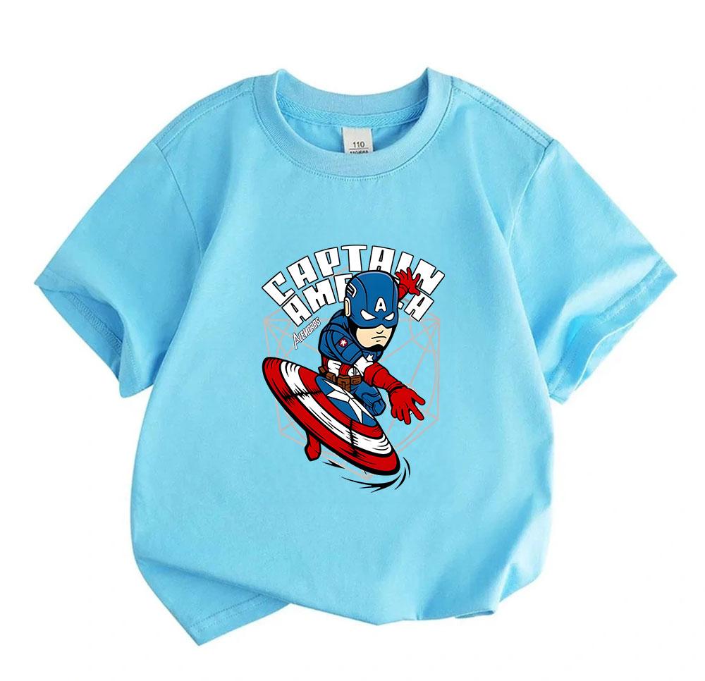 Kids Boys Girls 100% Cotton Short Sleeve O-neck T-shirt, Funny Cartoon Super Hero Captain Character Print Casual Comfortable Tees for Daily Wear Summe