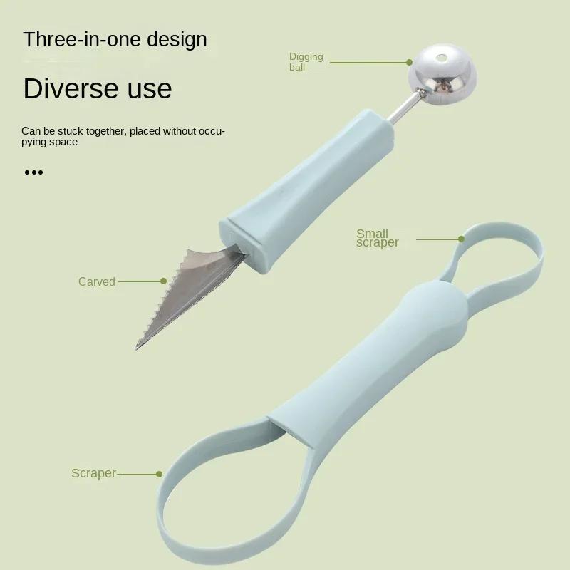 Kitchen Accessories Three-in-one Stainless Steel Carving Knife Fruit Watermelon Ice Cream Baller Scoop Stacks Spoon Home Gadgets