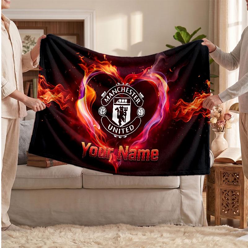 Manchester United Personalized Fleece Blanket With Football Logo, Custom Name Text Soft Warm Home Throw Blanket