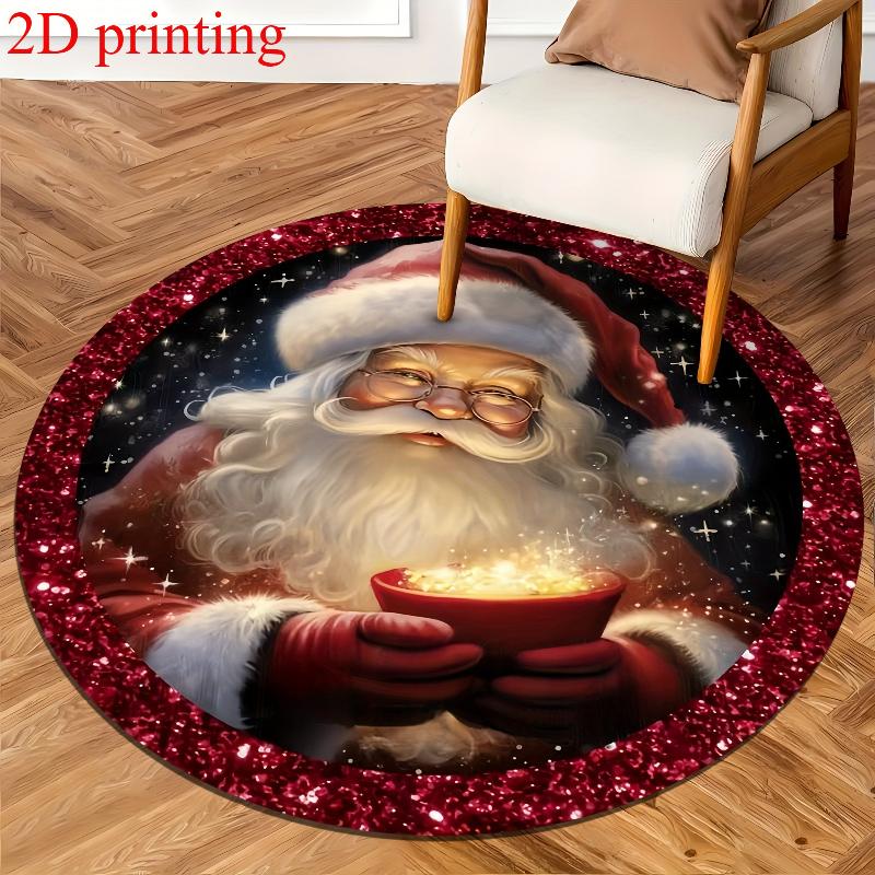 Christmas Santa Round Mat Stained Glass Border Santa Reindeer Xmas Tree Moon Festive Circular Decor Rug Living Space Decor