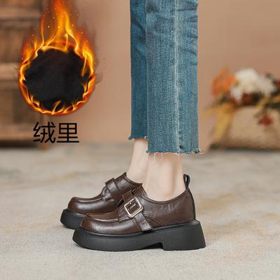 Washed Cowhide Retro One-pedal Thick-soled Small Leather Shoes for Women's Autumn and Winter Velvet Thick Heel Small Size 32