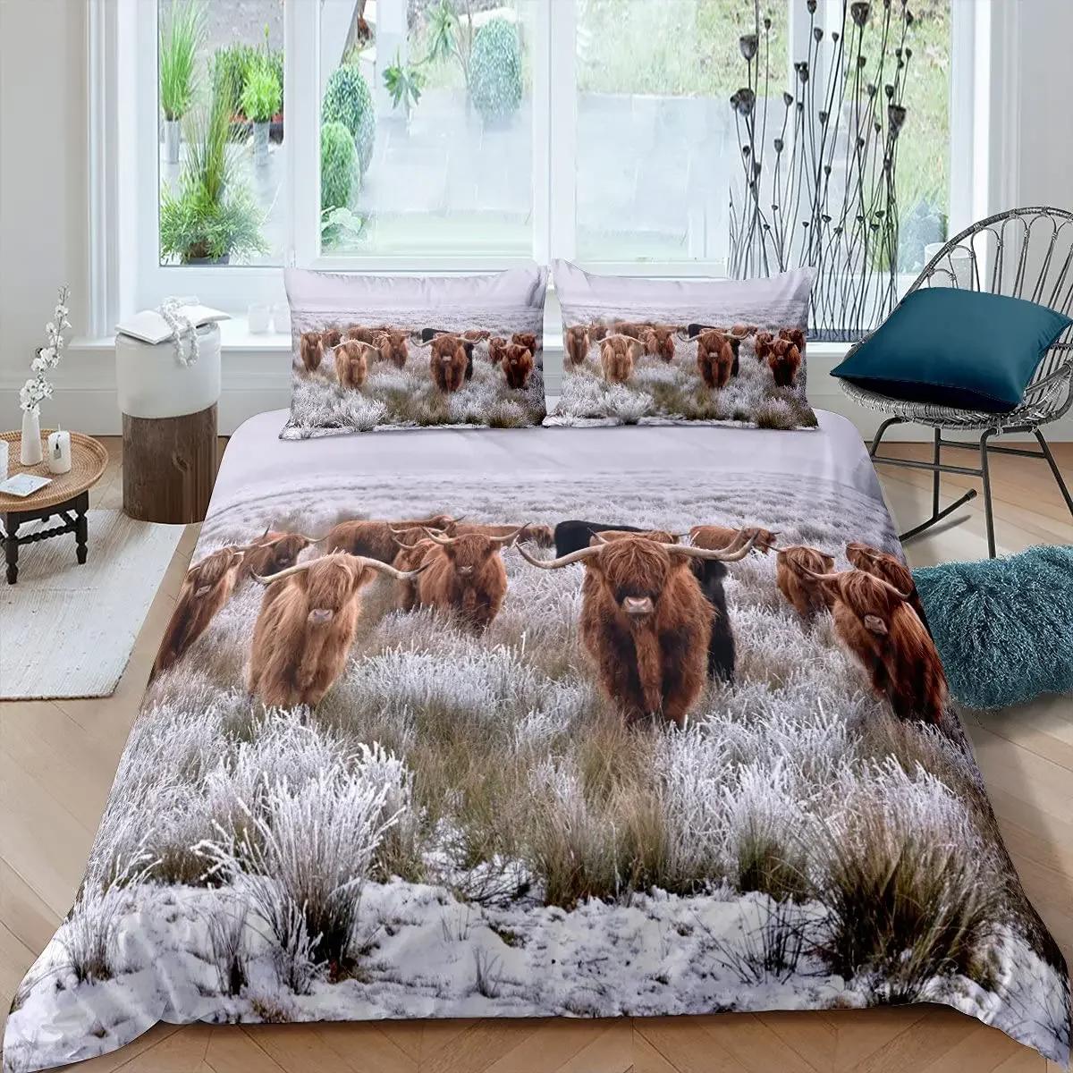 

Cartoon Highland Cow Duvet Cover Western Farm Animal Bedding Set Bull Cattle Comforter Cover Milk Cow Print Quilt Cover Queen AU Single(140x210cm)