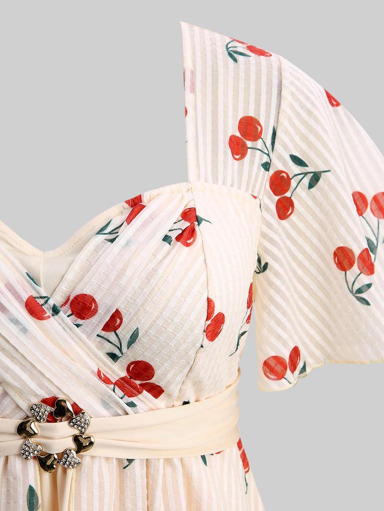 Rosegal Plus Size Cherry Fruit Waffle Plaid Print Buckle Crisscross Ruched Blouse