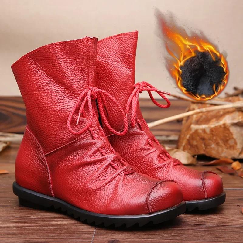  Women Boots Soft Leather Woman Short Retro Soft Leather Shoes Girls Flat Non-slip Short-tube Soft-soled Cotton Boots Shoe