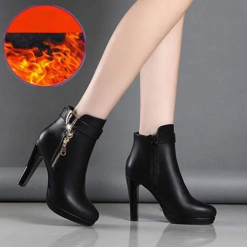 Round Toe High Heeled Boots Women Winter  Sexy Plush Ankle Boots Simple Slim Heeled Leather Boots Elegant Woman Heeled Shoe