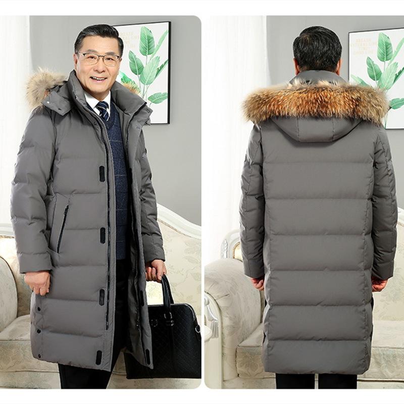 Dad Winter Clothing Middle-aged and Elderly Down Jackets for Men Over The Knee Long Thickened Cold-proof Big Fur Collar Pie To Overcome White