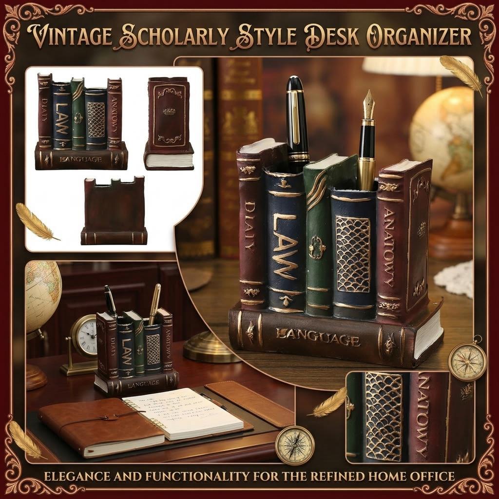 Vintage Pen Holder Organizer, Luxury Desktop Storage Box for Home Study Desk Decor Gift