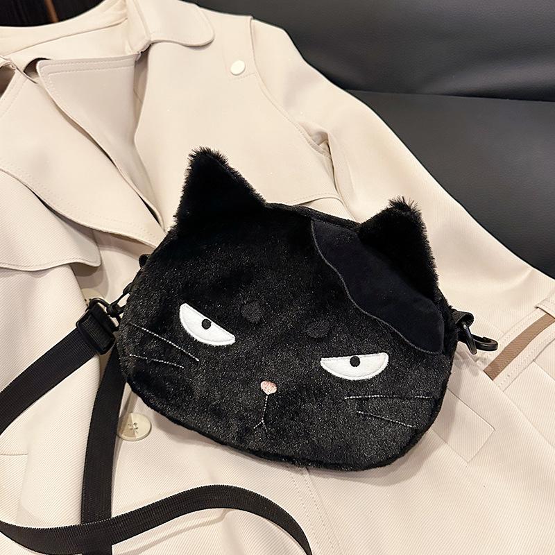 Cute Cartoon Cat Plush Crossbody Bag For Women Funny Black Cat Shoulder Bag Casual Phone Purse Lovely Shoulder Bag Gifts