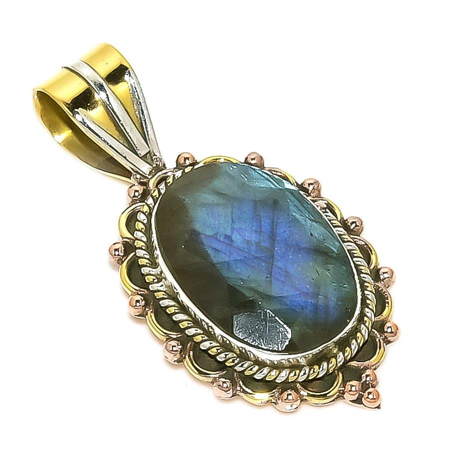 

Natural Labradorite TwoTone 925 Solid Sterling Silver Jewelry Pendant 1.50 D7T86