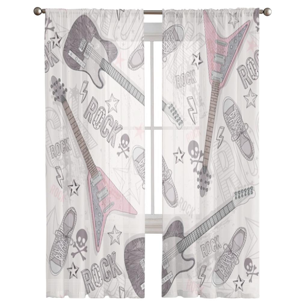 Rockowa Gitara Elektryczna Szkielet Buty Przezroczyste Zasłony do Salonu Przezroczysty Tiul Zasłona Okienna Sypialnia Kuchnia Woal Draperie