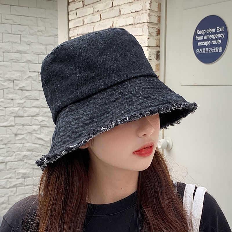 Women's Retro Distressed Denim Bucket Hat - Versatile, Casual Sunshade for Spring & Autumn