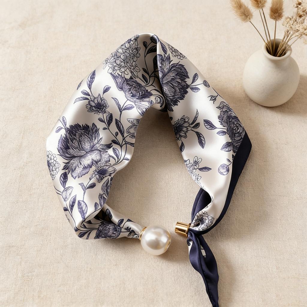 Scialle Semplice in Seta con Stampa Anacardi Piccola per Primavera ed Estate Collana Sottile di Perle Sciarpa Triangolare Magnetica Ciondolo Sciarpa in Seta Sciarpa con Ciondolo