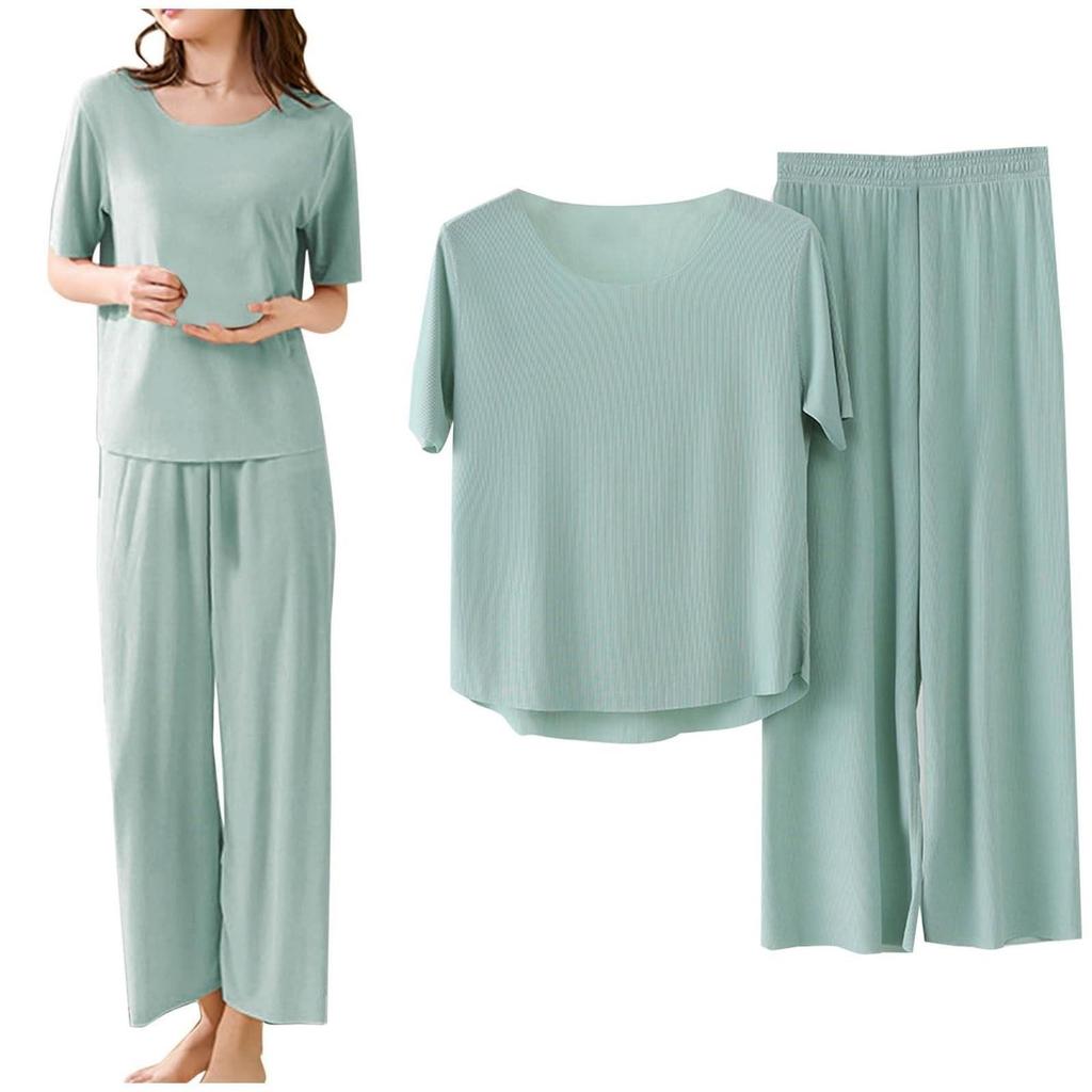 2Pcs/Set Top Pants Set Women Pajamas Seamless Ice Silk Round Neck Short Sleeve Solid Color Elastic Waist Wide Leg Loose Soft Breathable Homewear