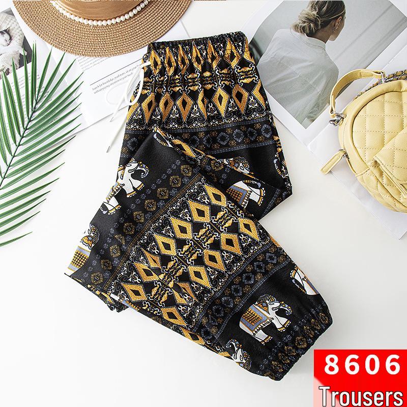 Damen Thai Elefantenmuster High-Waist Gecroppte Haremshose mit Bündchen - Ethnischer Sommer Weitbein-Stil