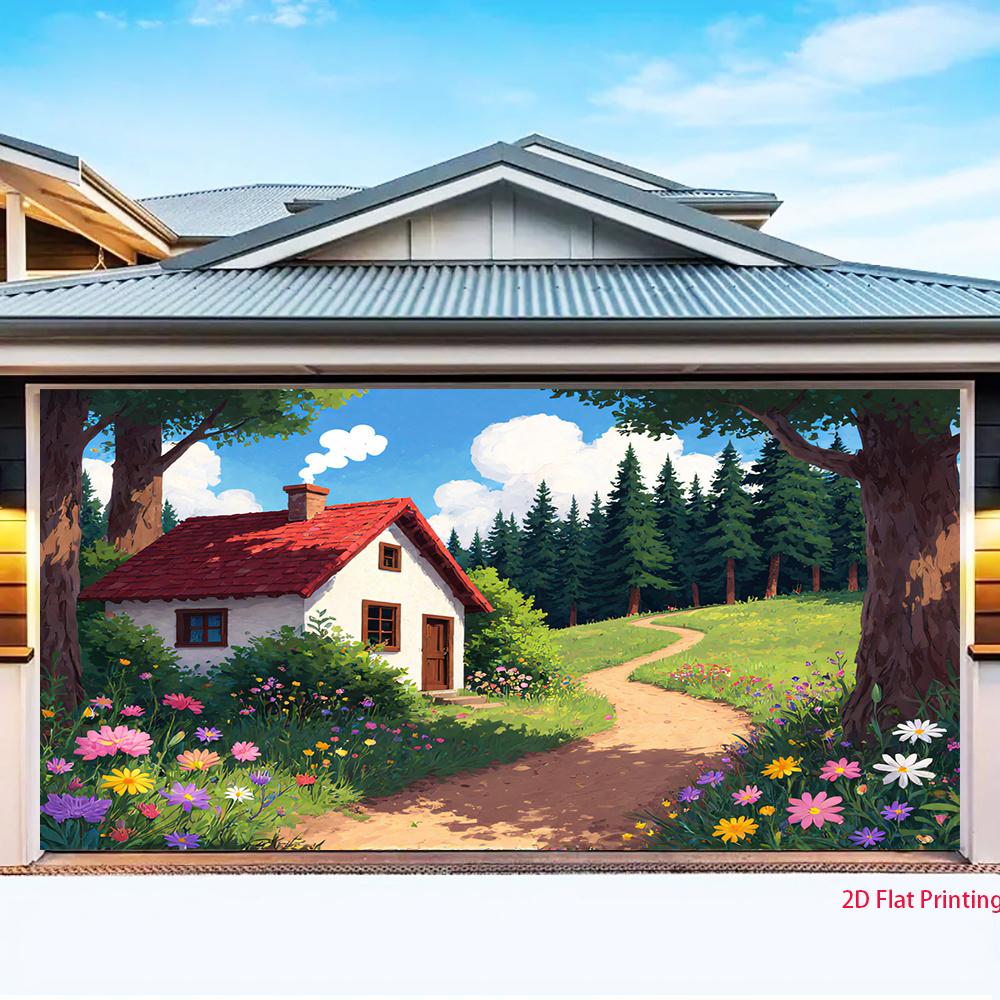 2D plane a small wooden house in a vibrant forest suitable for decorating for various party activities polyester fiber