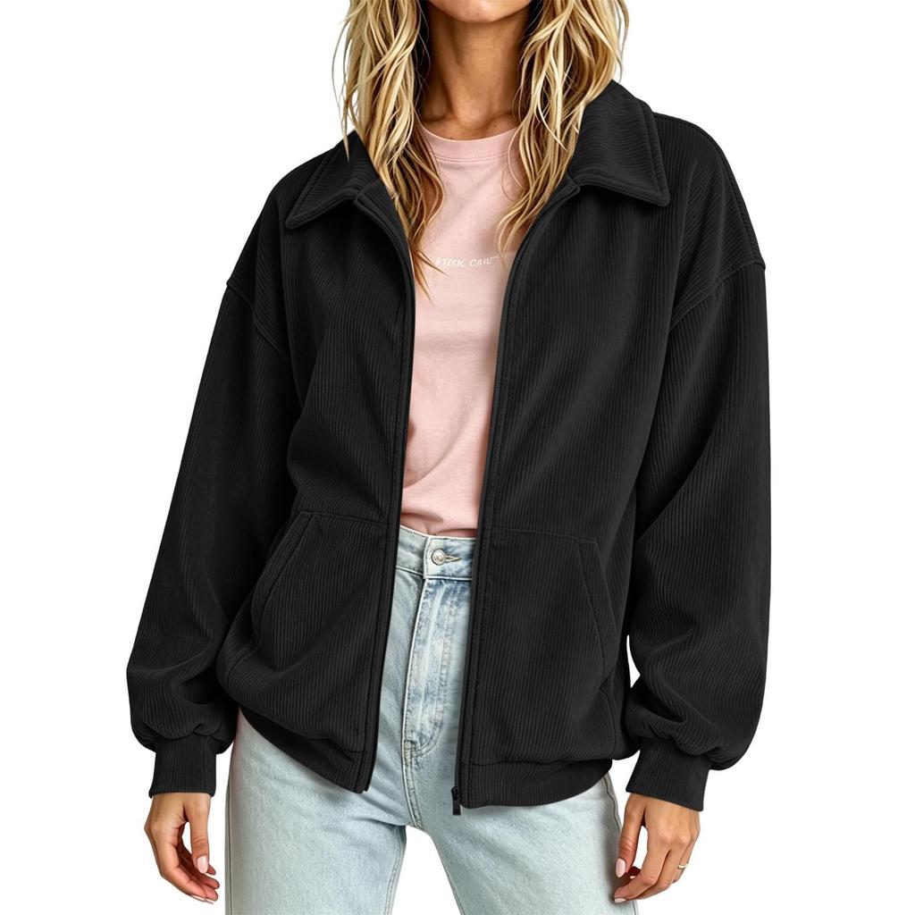 Women Zip Up Jacket Loose Fit Casual Lightweight Corduroy Outerwear Full Zip Front Pockets Long Sleeve Relaxed Fit Coat