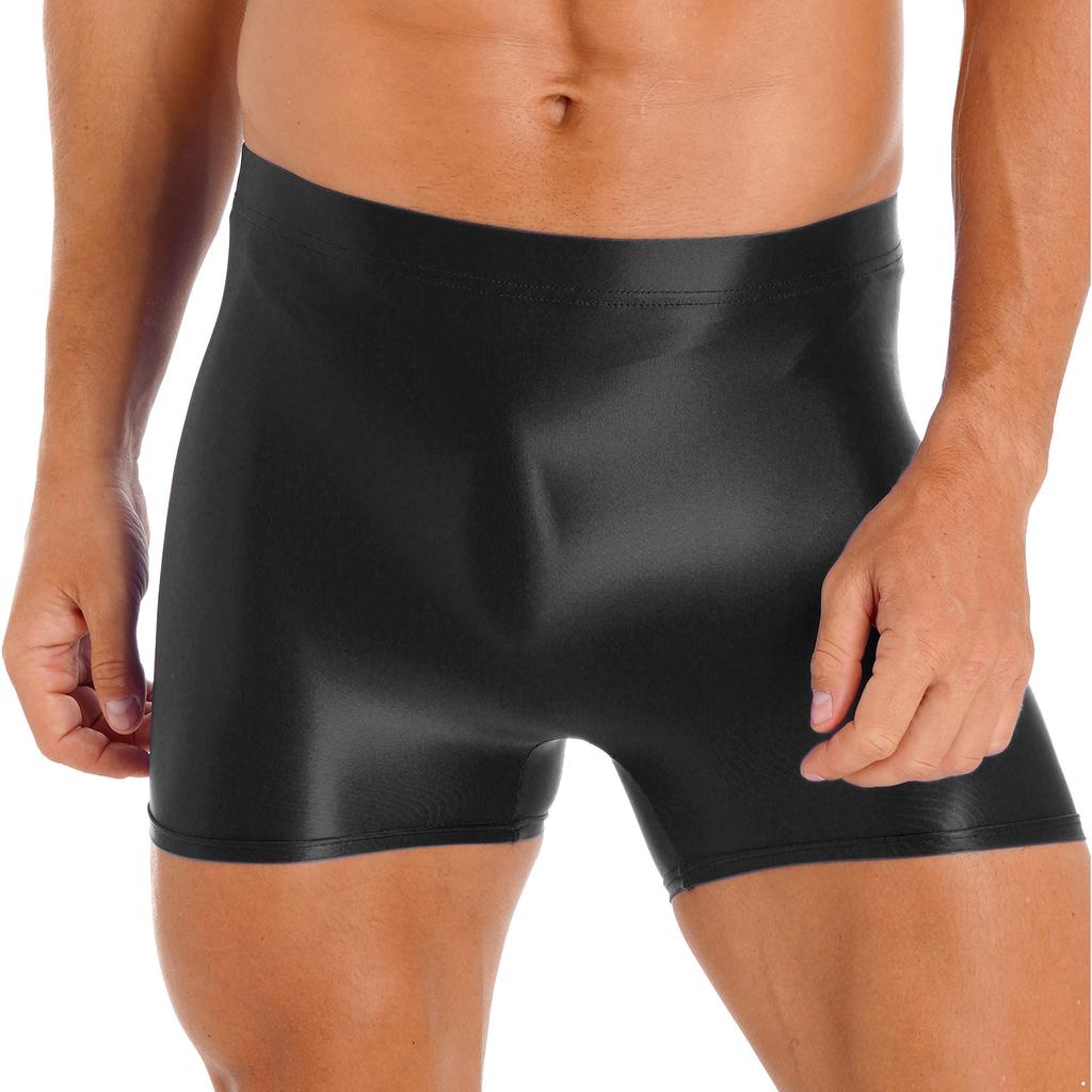 Men Glossy Mid Waist Shorts Elastic Waistband Short Leggings for Yoga Swimwear Sportswear Sleepwear