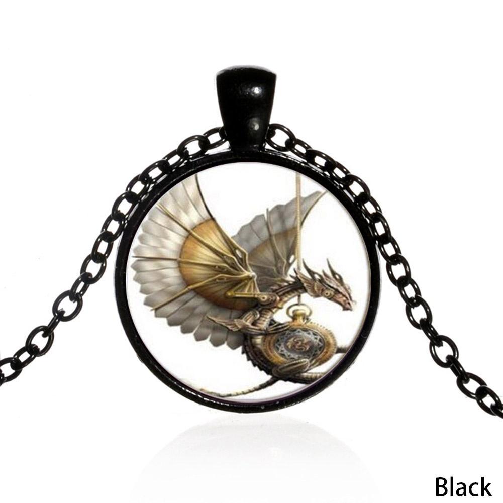 

Vintage Steampunk Dragon Po Cabochon Glass Bronze Pendant Necklace чорний