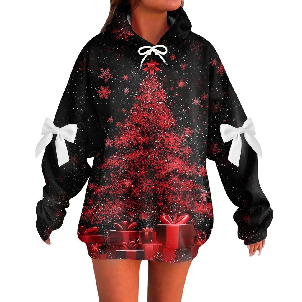 Ladies' Christmas Printed Bow Long Sleeved Loose Fitting Headband With Rope Hooded Sweatshirt Top
