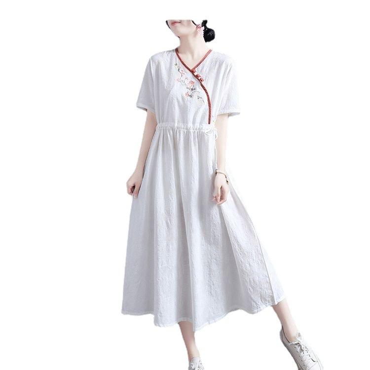 2025 New Summer Cotton and Linen Diagonal Placket Buckle Embroidered Short-sleeved Dress for Women, Retro Hanfu for Women