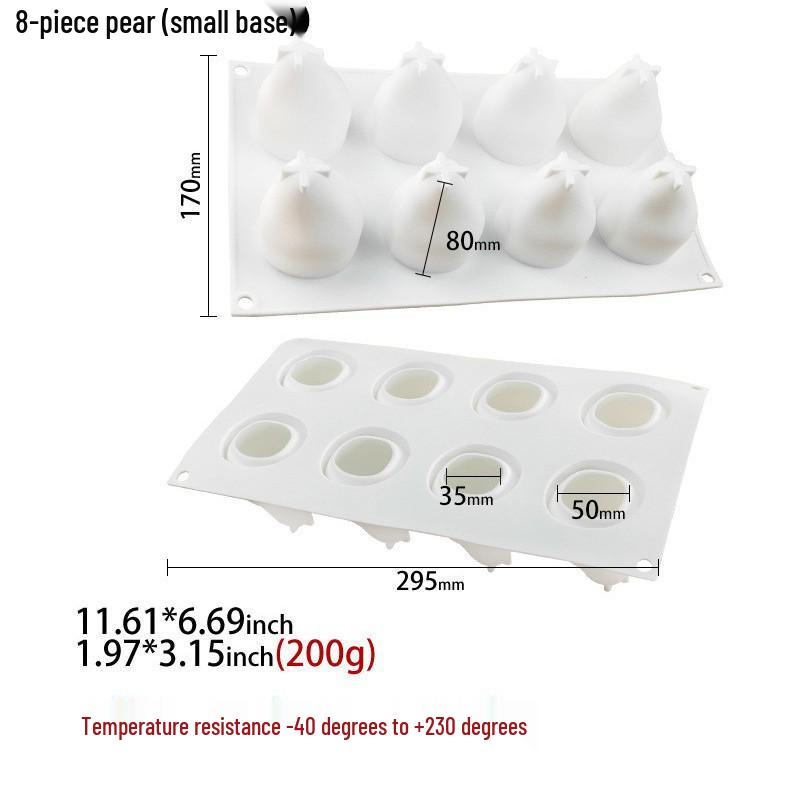 3D Fruchtmousse Silikon Kuchenformen: Birne, Apfel, Ananas, Pfirsich, Durian, Himbeere.