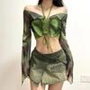 2023 Summer New Style Spicy Girl Personality Green Tie-Dye Halter Neck Short Slim-Fit Slimming Top with Off-Shoulder Long Sleeves