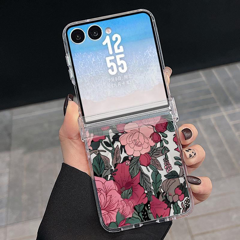 Retro Flowers Black Rose Print Case For Samsung Galaxy Z Flip 8 7 FE 6 5 Z Flip8 Flip7 Flip6 Magnetic Clear Hard PC Folding Phone Cover