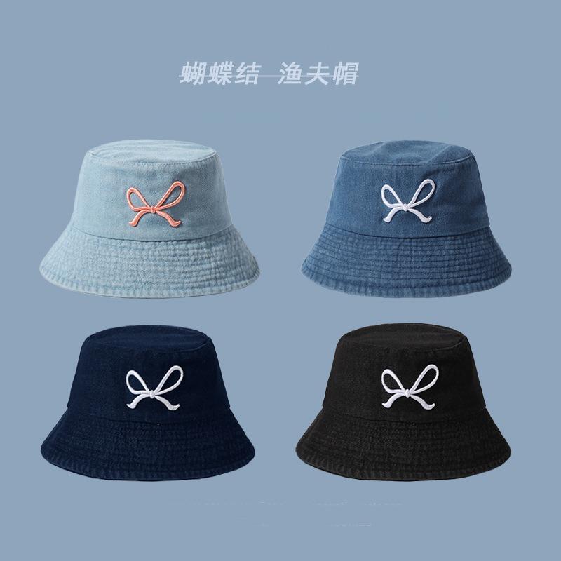 Bow embroidered denim fisherman hat children spring and summer fashion travel sunscreen sunshade basin hat