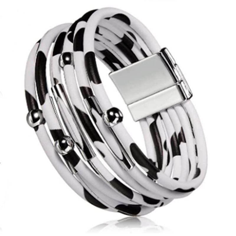 Leopard Print Magnetic Buckle Leather Bracelet: Alloy Beaded Cord with Copper Tube