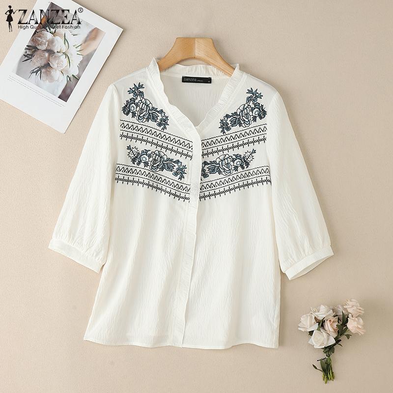 

ZANZEA Женская повседневная блузка с V-образным вырезом, рукавом 3/4, свободного кроя и вышивкой L