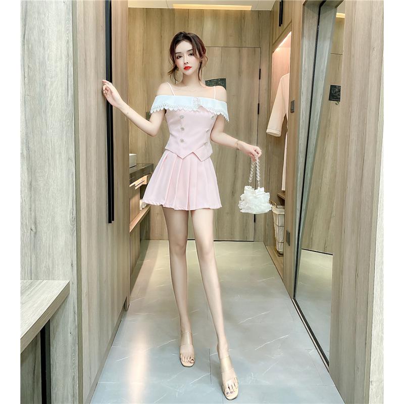 

2026 Summer Fashion Off-Shoulder Double-Breasted Color Block Top & Waist-Cinched Skirt Set Small розовый