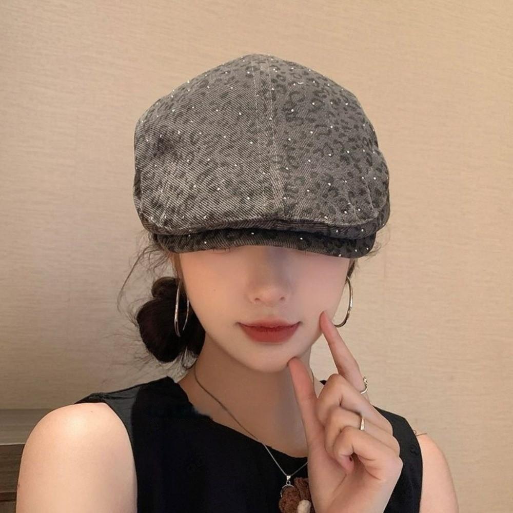 Y2k Leopard Print Beret Rhinestone Leopard Newsboy Cap Fashion Forward Hat  Outdoor