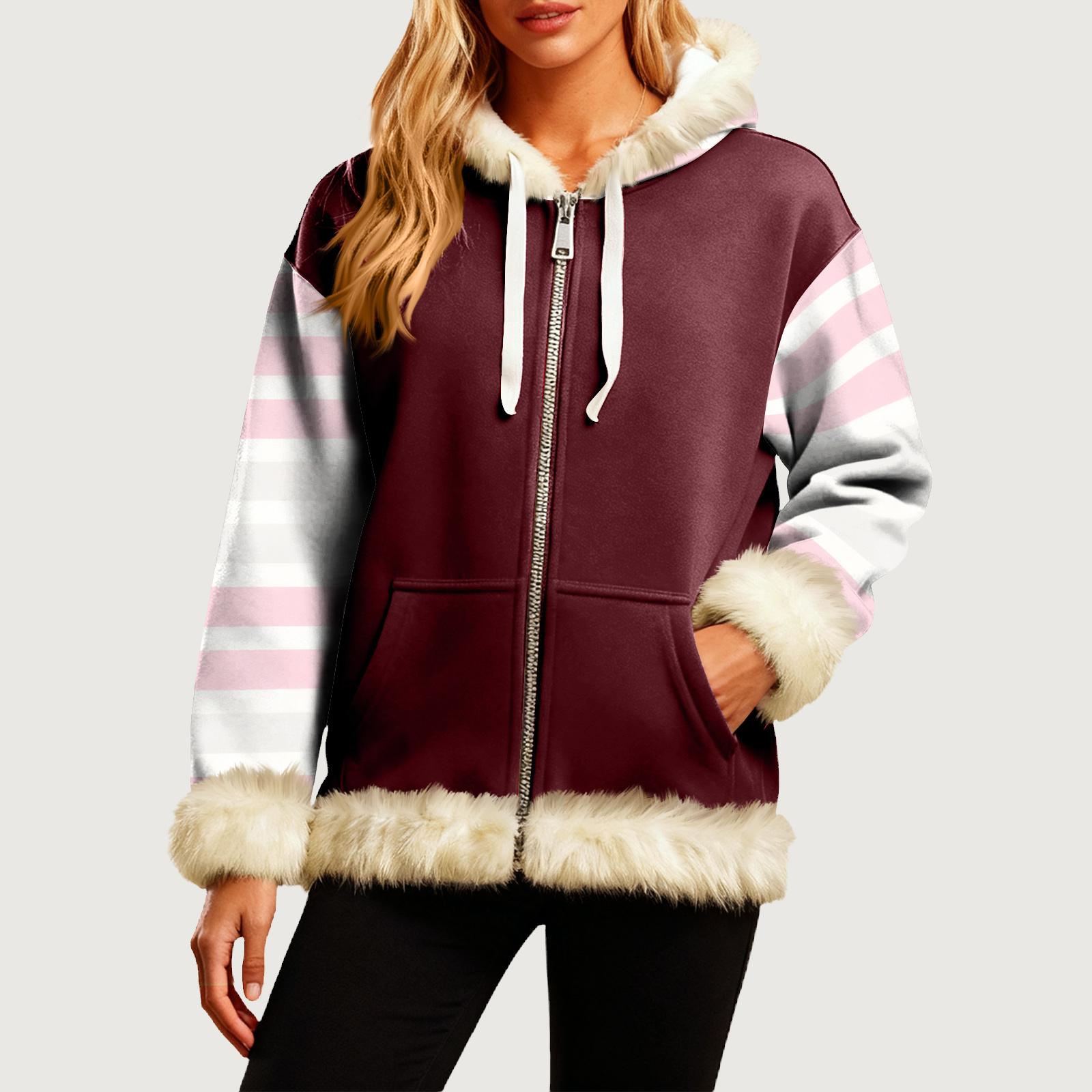 

Women s Comfortable Loose Fashion Casual Striped Print Long Sleeve Pockets Hooded Sweatshirt Jacket S кавовий