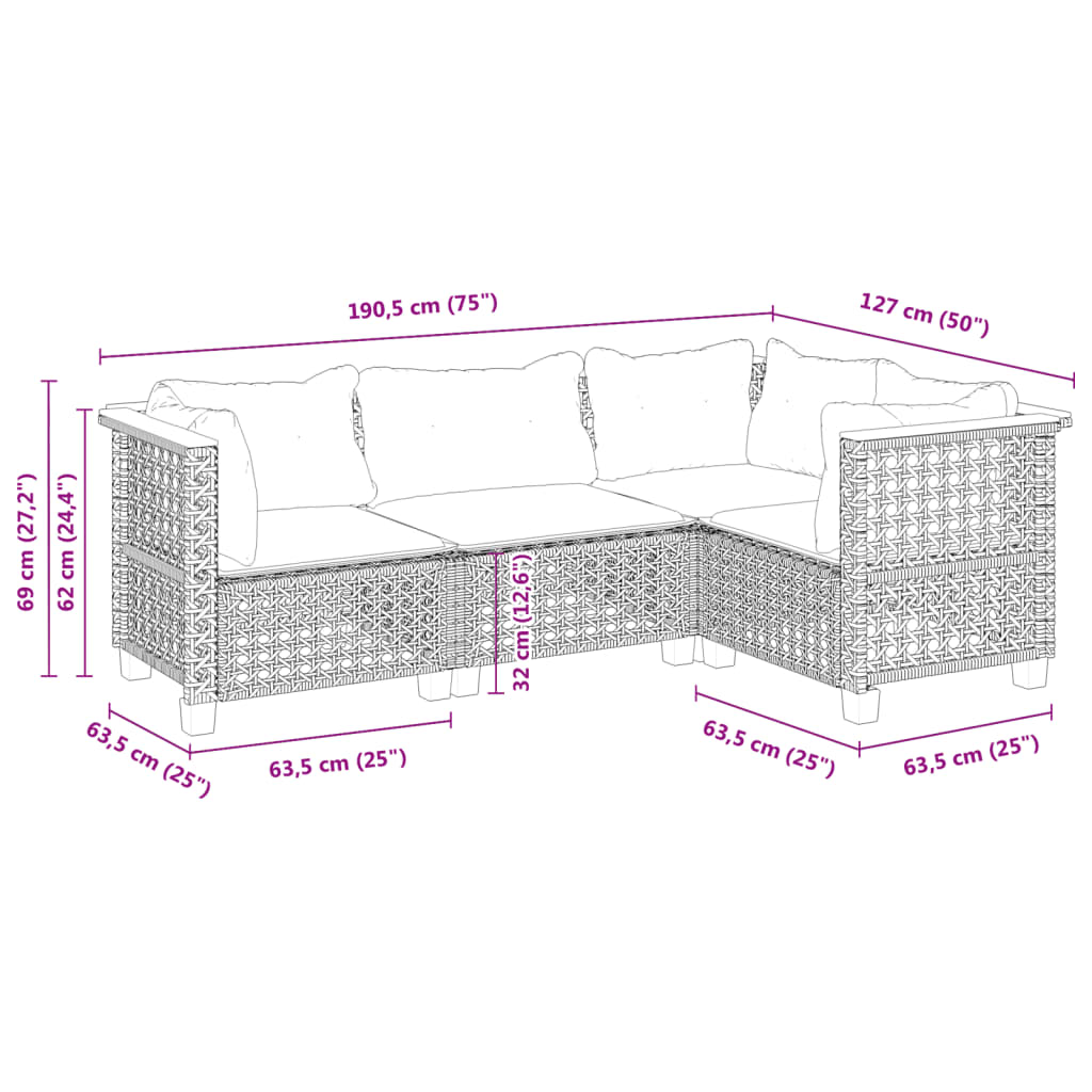 Vidaxl 4-Cz. Garden Lounge Set, Cushions, Grey, Rattan PE