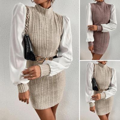 Women Dress Slim Fit Patchwork High Collar Ribbed Long Sleeve Contrast Color Sheath Tight Waist Above Knee Commute Mini Dress