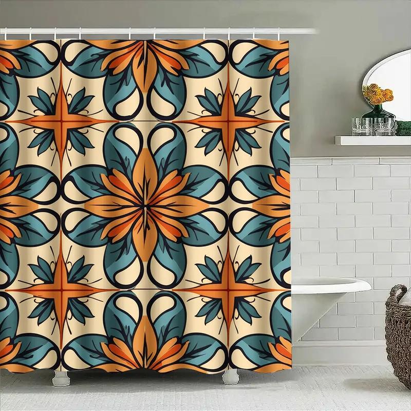 

Vibrant Floral Shower Curtain Waterproof Printed Home Decor Bath Mat for Bathroom Accessories Orange Blue Pattern W90xH180cm