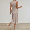 Women Beige Satin Sleeveless Stand Collar Ruched Bodycon Mermaid Midi Dress