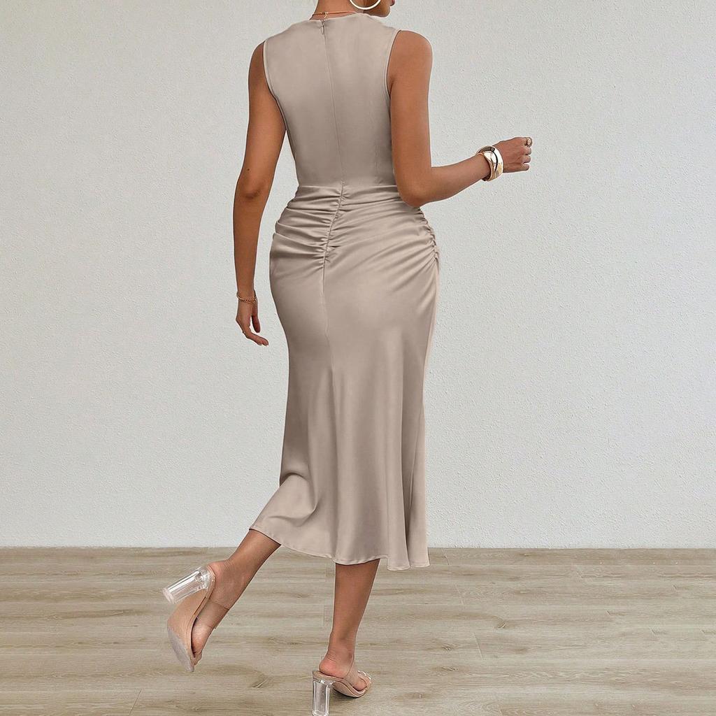 Women Beige Satin Sleeveless Stand Collar Ruched Bodycon Mermaid Midi Dress