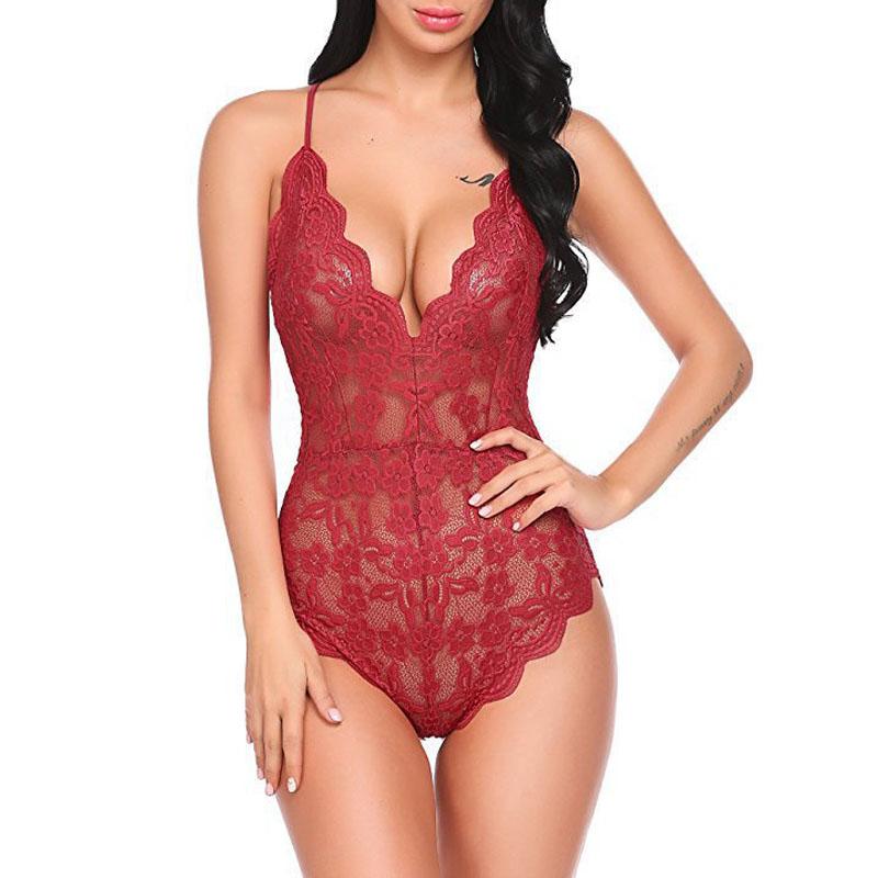 Sexy Women Bodysuits Lace Sling Perspective Lingerie Deep V-Neck Bodysuit