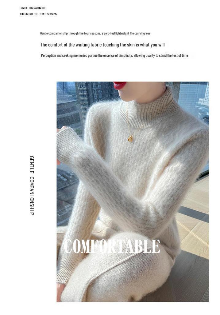 Women's Loose Cable Knit Cashmere Sweater - Double-Ply Wool, Double-Layer Collar, Base Layer for Autumn/Winter