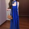 Send flower suspenders backless blue dress women's summer new high-end temperament seaside vacation fairy long dress