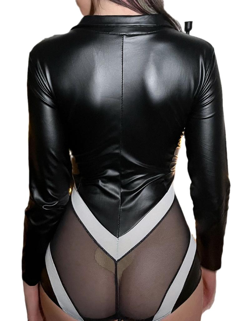 Sexy Deep V Zipper Open Crotch Uniform Pu Body Suits Women Black Short Summer Transparent Temptation New Mature Charm Cool 31Tn