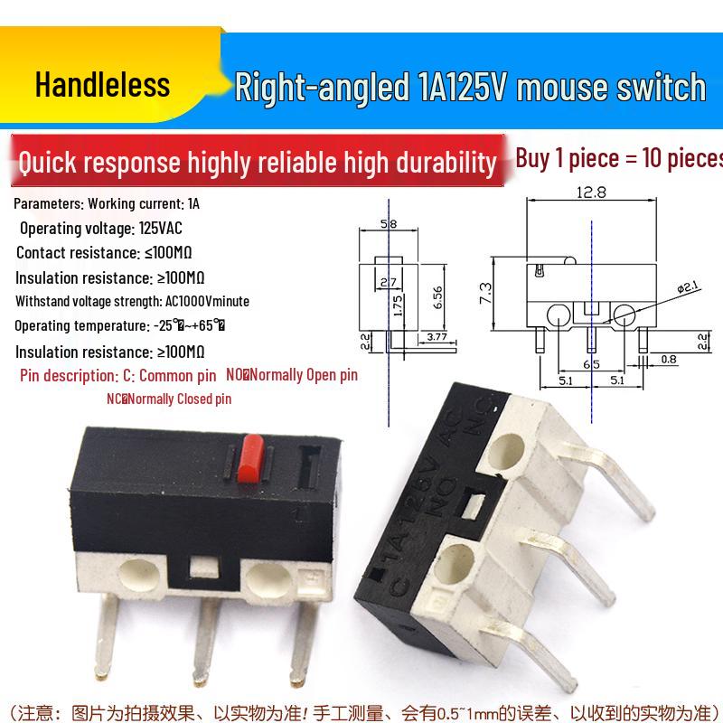 

Three-Pin Micro Action Switch with Stem Roller Button, Bent Pins, 1A 125VAC, Set of 10