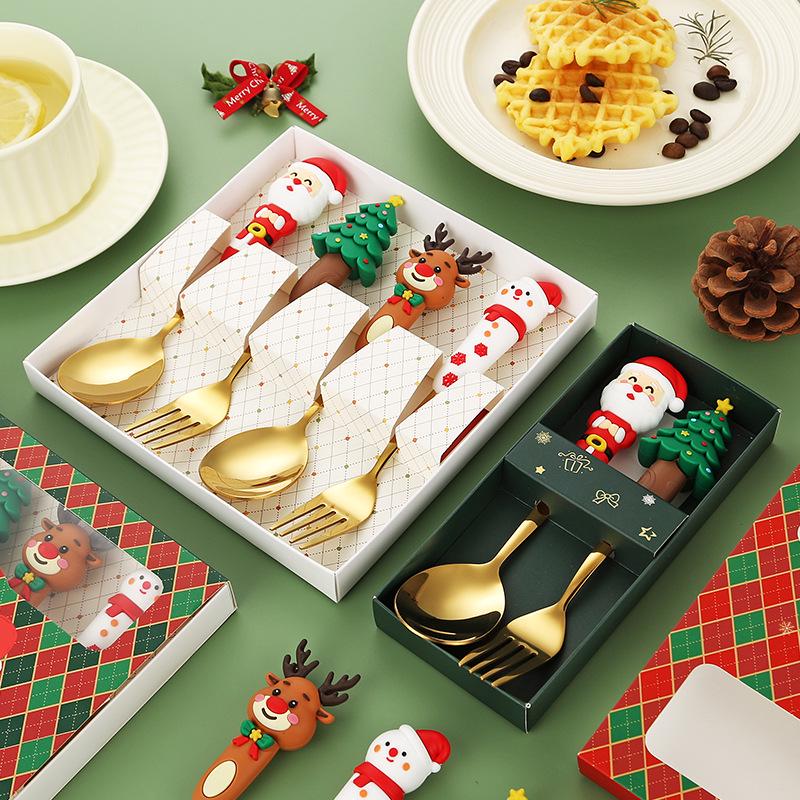 Festive Christmas Cutlery Set: Stainless Steel Cartoon Santa Spoons & Forks In Gift Box