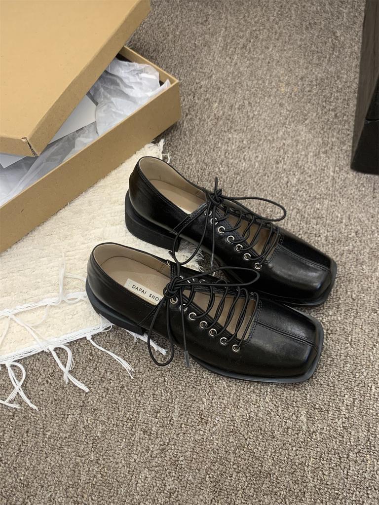 Lace-up Black British Style Ladies High Heels Elegant Square Toe Mary Jane Mules For Girls Pumps French Dress Boat Ballet Shoes
