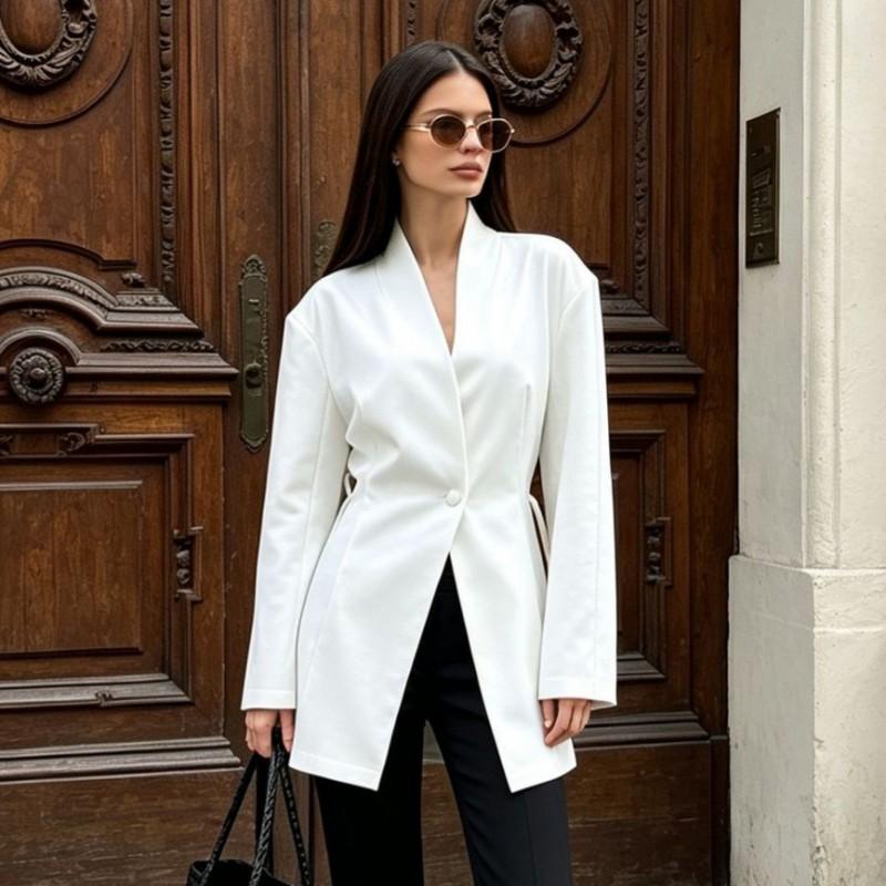 Blazer Bianco da Donna Scollo a V Vestibilità Slim Lunghezza Midi Con Cintura Abbigliamento da Ufficio Giacca Classica monopetto