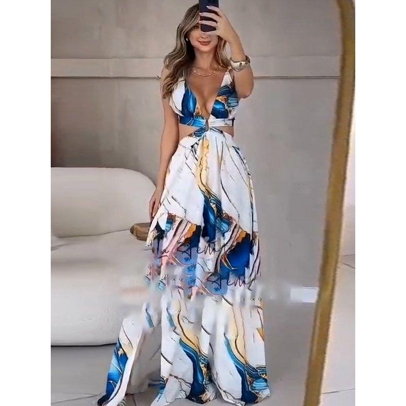 European and American Sexy Dresses for Women Beach Sling Deep V Sexy Seaside Long Dress Deep V Sexy Long Dress