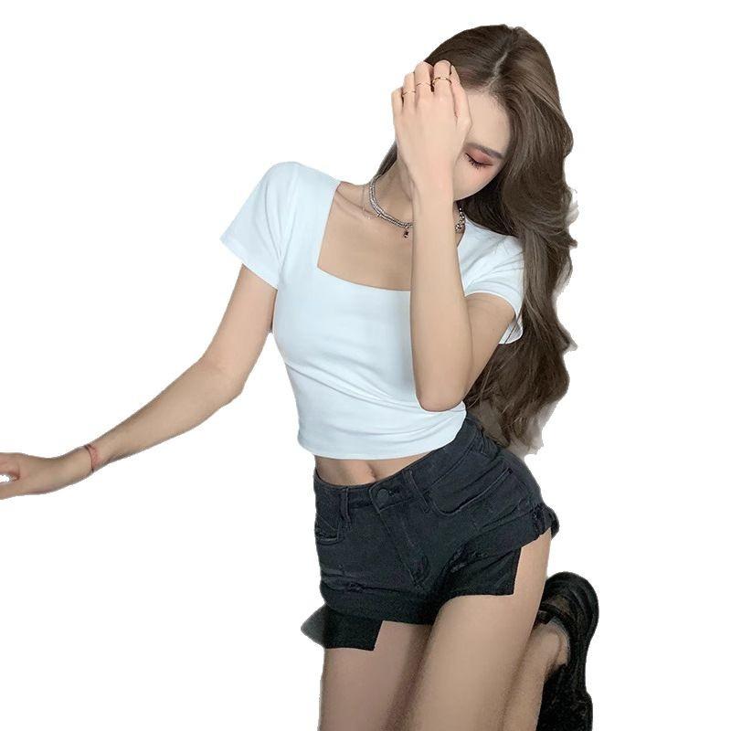 Pure cotton square collar front shoulder short-sleeved T-shirt women's summer new Spice Girl slim and thin simple style short t-shirt top