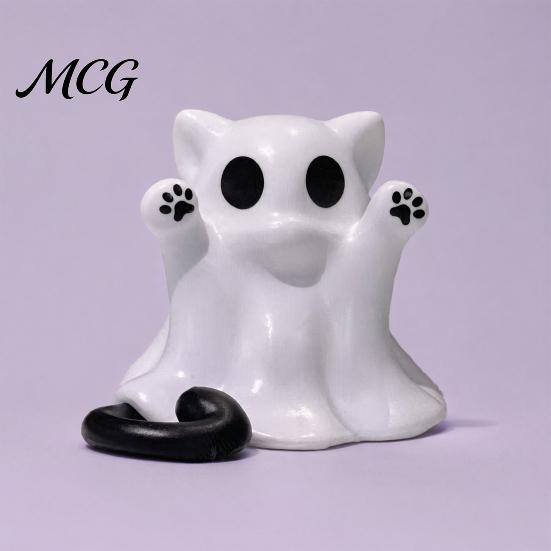 Desktop Ghost Cat Statue Figure, 3D Printed Decorative Ornament, Smooth Surface Spooky Sculpture Mini Decoration Halloween Gift for Lovers