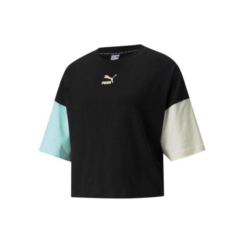 Puma Clsx Logo Color Block Round Neck Short Sleeve T-Shirt Women Tops Black 534161-56